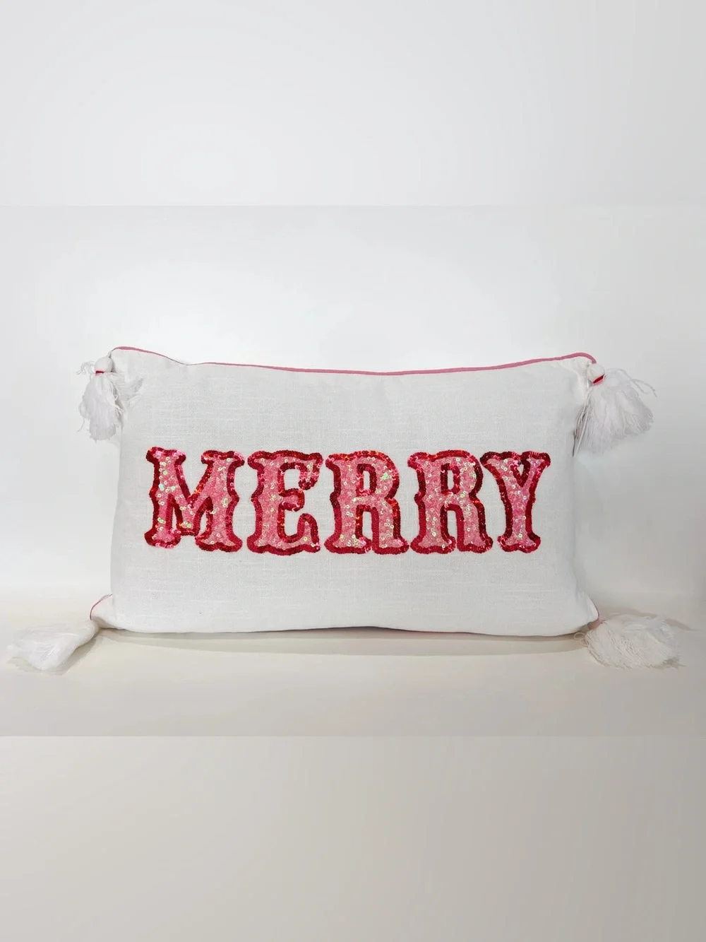 Mary Square 'MERRY' Sequin Accent Pillow - Pink on White
